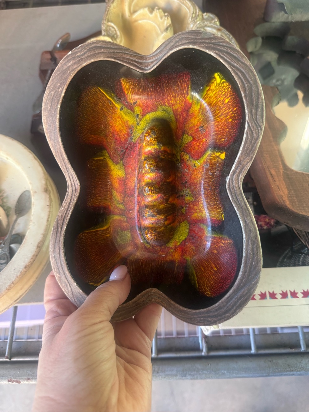 Vintage Large Sequoia Ware Orange Burst Ashtray MCM 1205 USA ceramic Butterfly